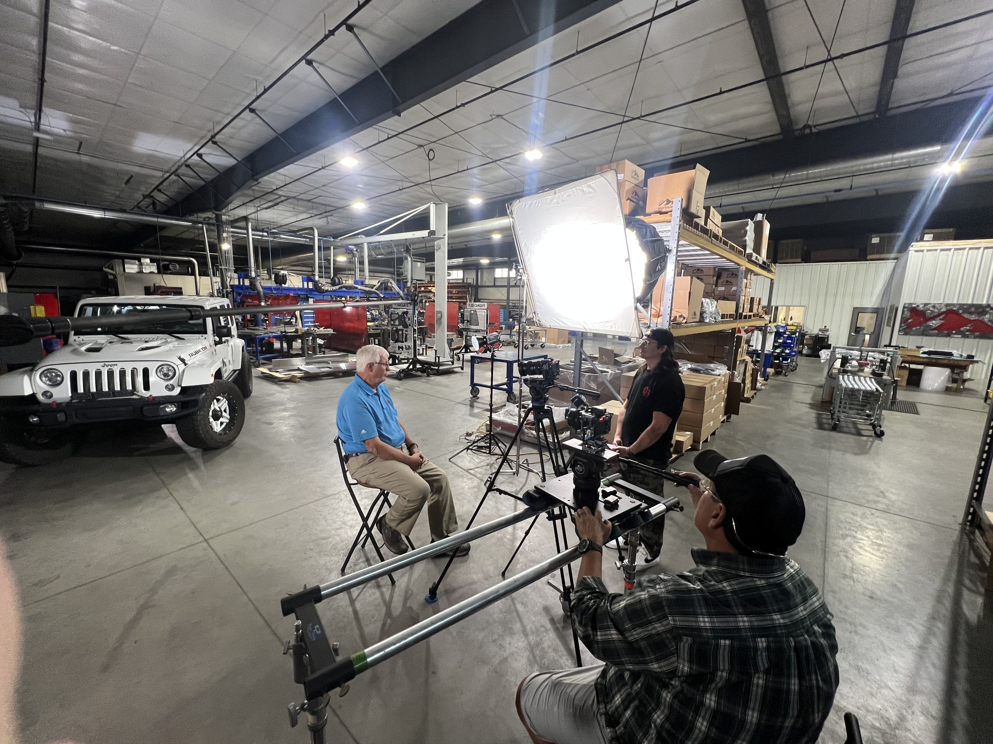 Behind the scenes of a Restart Creative production: interview setup with softbox lighting on location
